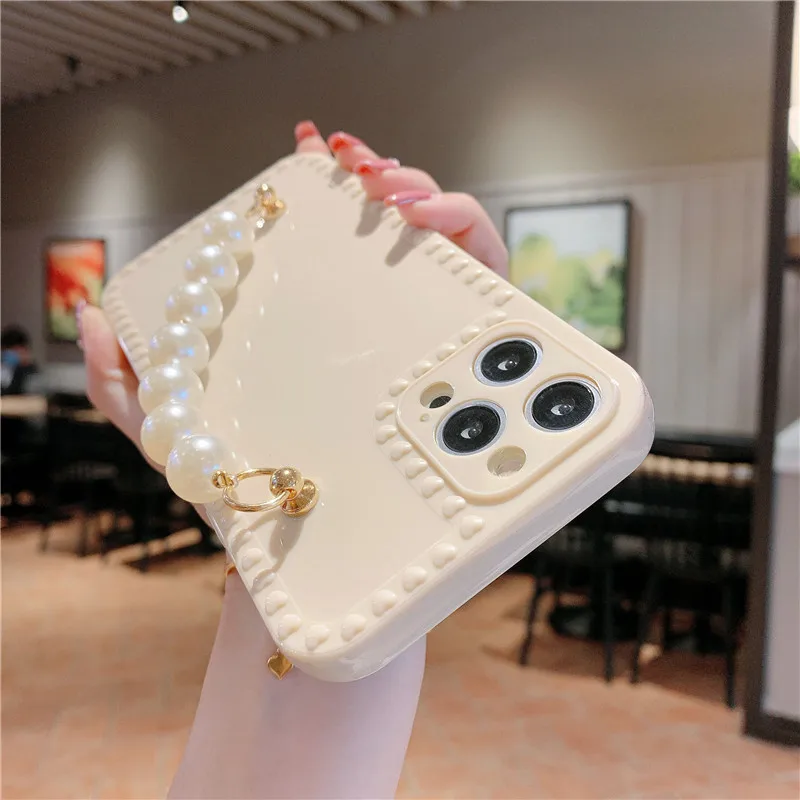 

Cute love heart frame with pearl chain Phone case for iphone 12 11 pro max mini SE20 7 8 plus X XR XS MAX clear soft cover gril