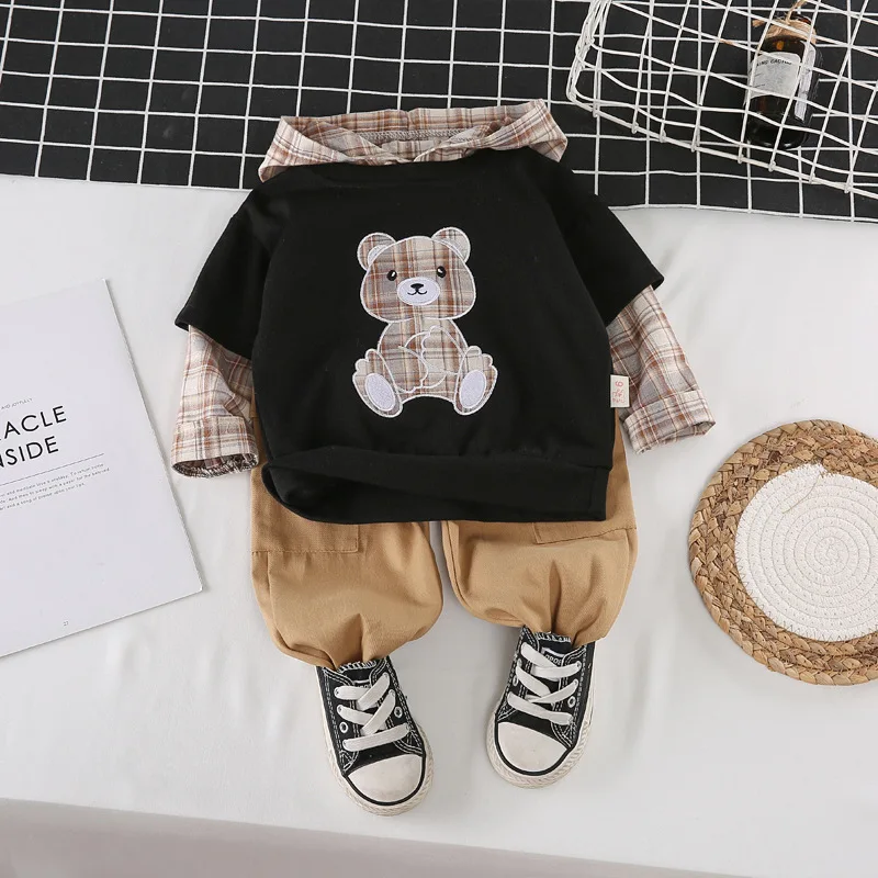 Su&eacute;ter de manga larga con capucha para ni&ntilde;os y ni&ntilde;as, traje de dos piezas de manga larga con capucha de oso para primavera-0