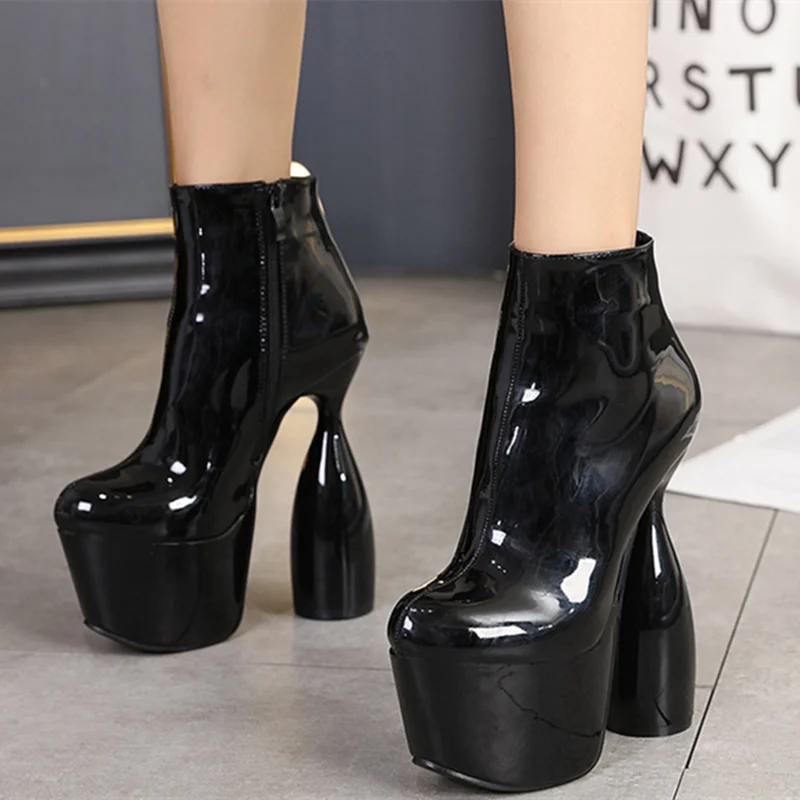 

2022 Autumn and Winter New Women's Boots PU Patent Leather Zipper Women's High-heeled Short Boots Thick Heel High-heeled Boots