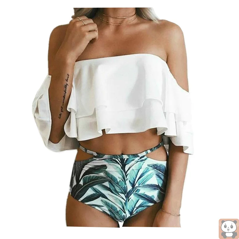 

2021 New Swimsuit Double Layer Ruffle Swimwear off Shoulder Sexy Bikini Swimsuit Bikini
