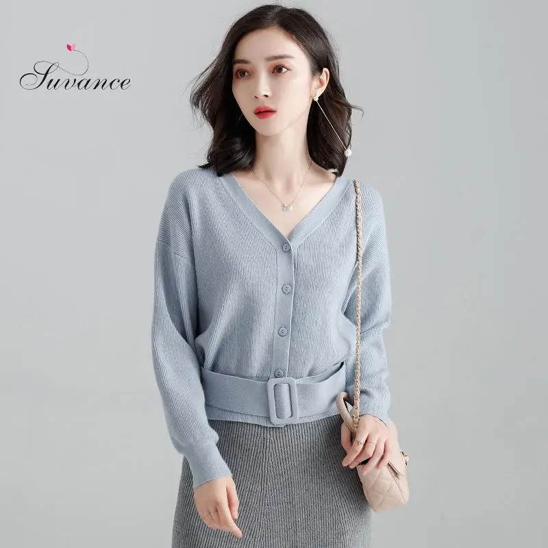 Осенние женские трикотажные короткие кардиганы с v-образным вырезом 6 однотонных