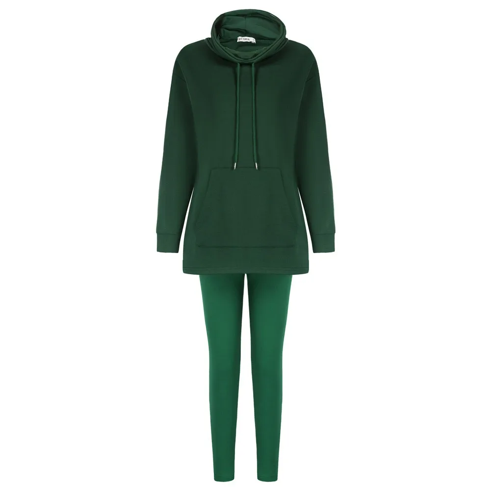 

Women Casual Outfits Long Sleeve Draped Neck Hoodie With Big Tummy PocketAnkle-tied Length Leggings Pants
