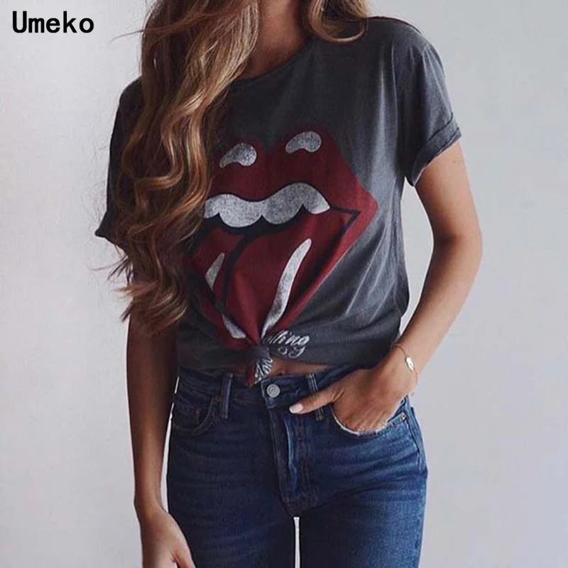 Женская футболка с коротким рукавом Umeko повседневная черная принтом губ языка