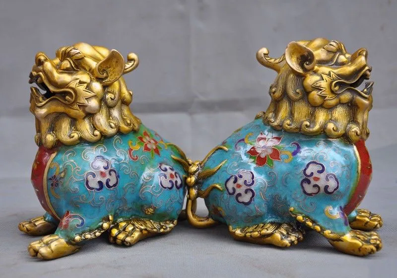 

christmas 7"Old Chinese bronze Cloisonne Enamel Gilt Foo dog Lion Lions Animal Statue Pair halloween