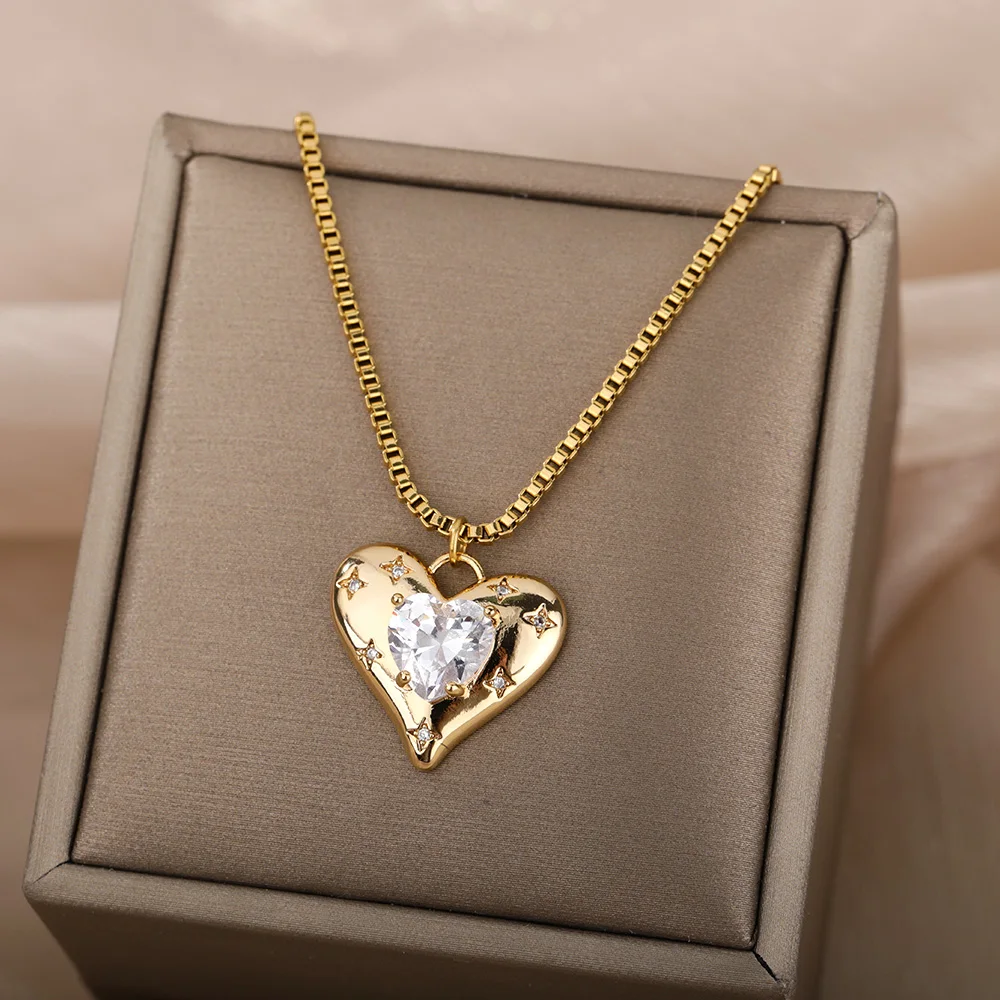 

Romantic Zircon Heart Pendant Necklaces For Women Girl Big Crystal Love Charm Box Chain Choker Necklace Couple Wedding Jewelry