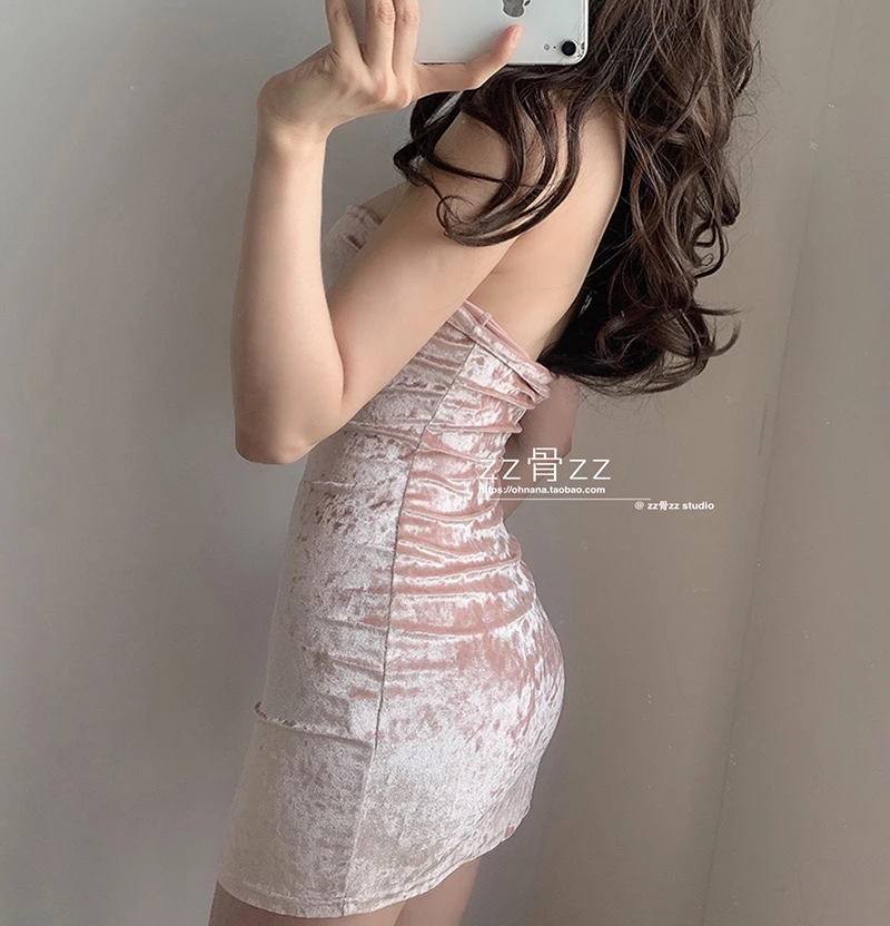 

Sexy Strapless Hollow Velvet Slit Irregular Spring Strappy Tube Top Mini Summer Party Bandage Bodycon Dress Pink Dresses JEKB
