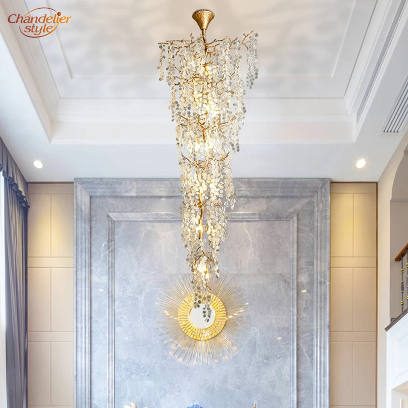 

Modern Brass Tree Branch Chandelier Pendant Hanging Light Luxury Glass Drops Chandelier Lighting Living Dining Room Lighting