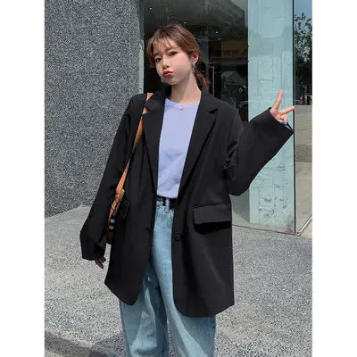 

Новый осенне-зимний шикарный свободный женский черный блейзер на одной пуговице, женский костюм, куртка с длинным рукавом, верхняя одежда, ...