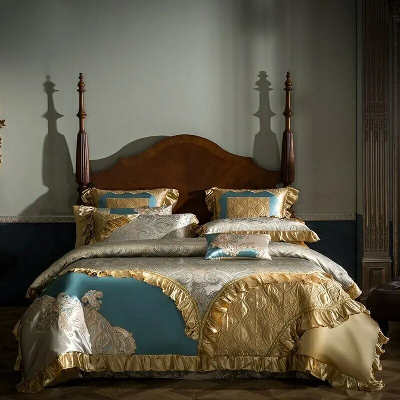 

High Quality Luxury Silk Cotton Jacquard Court Bedding Quilt Cover Sheet Queen King Bed Set