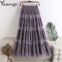 sweet kawaii chiffon lace stitching a line pleated skirt womens high waist midi skirts black purple elegant party long skirt
