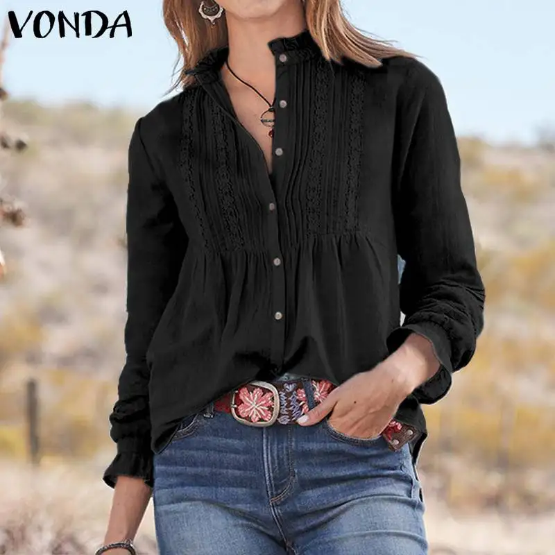 Модные женские блузки, топы, женская блузка, осенняя сорочка VONDA, одноцветная рубашка с длинным рукавом, женские блузки на пуговицах, большие размеры