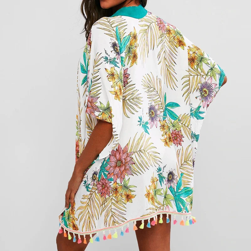 Летний женский купальник бикини с цветочным узором и кисточками рукав летучая