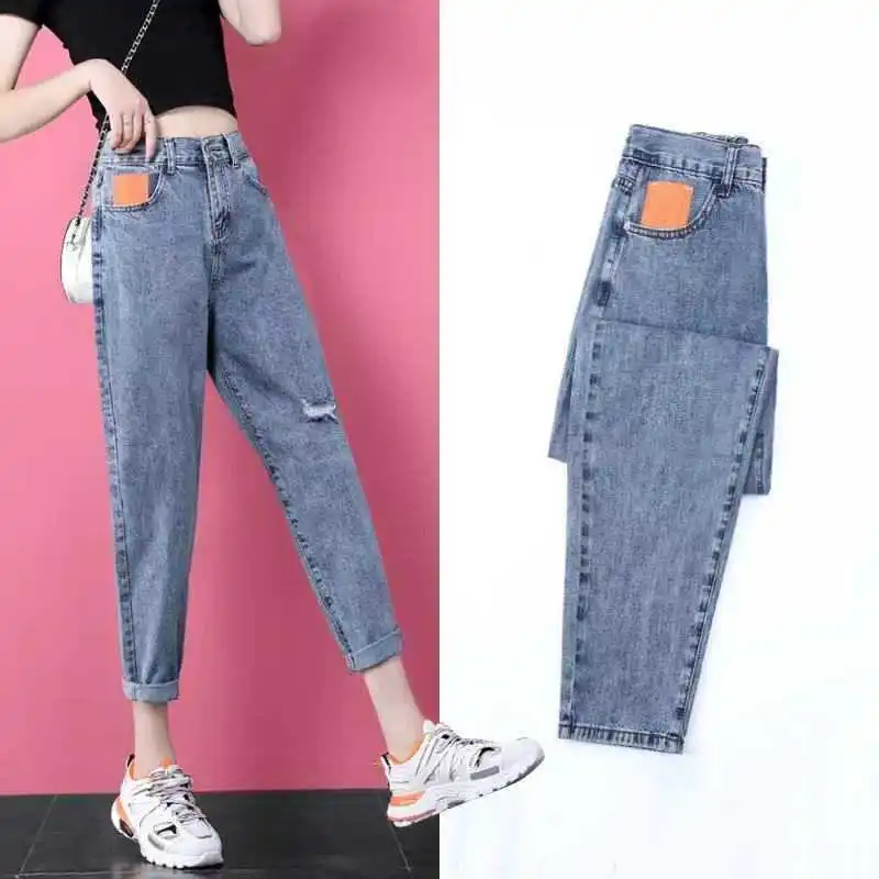 

Autumn Fashion Elastic Waist Hole Jeans 2021 Women's Harem Pants Summer Fashion Casual Button Zipper Mujer De Moda Denim Pants