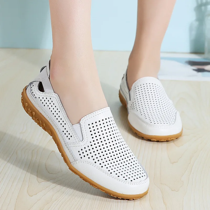 

Women's Casual Genuine Leather Hollow-Out Round Toe Slip on Flat Shoes Sneakers Female Loafers Soft Breathable Summer Shoes