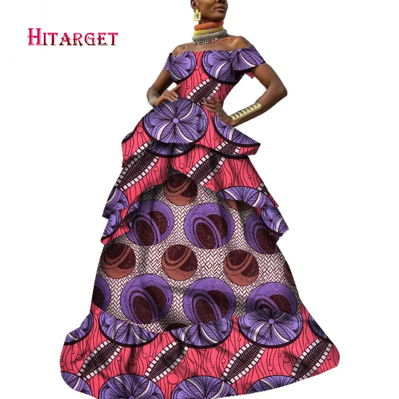 2020 Women African Dress Africa Wax Print Bazin Riche Sexy Off Shoulder Short Sleeves Wedding Party Floor-length Dress WY6153
