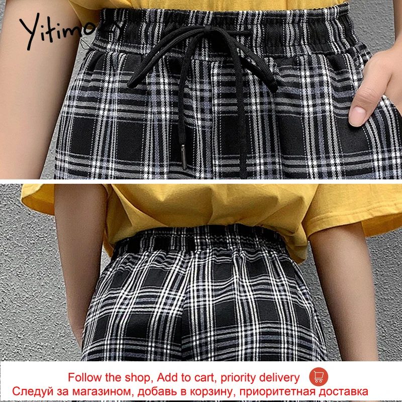 женские штаны клетчатые брюки с эластичной резинкой на талии широкие высокой