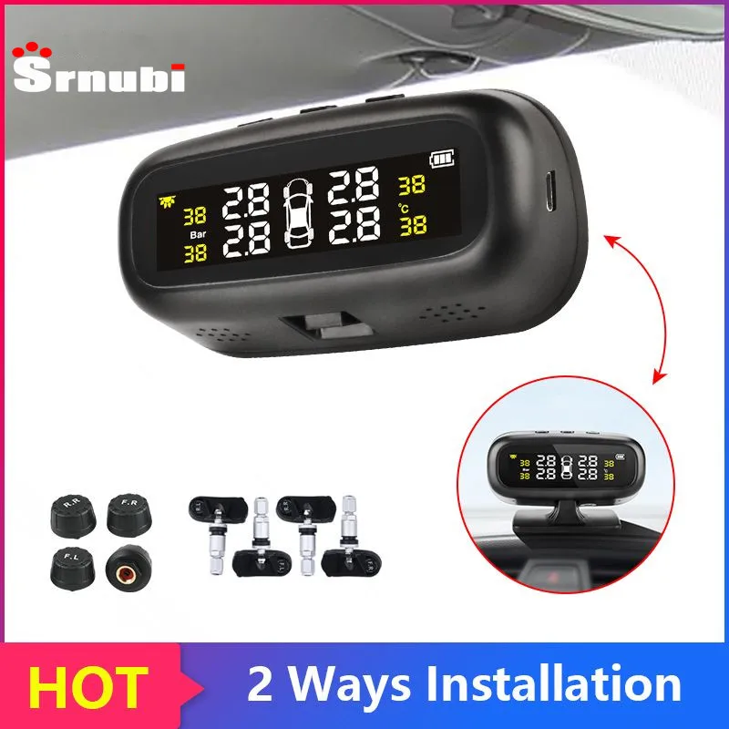 

Srunbi TPMS Car tire pressure temperature detection system with 4 external or built-in precision sensors LCD display USB output