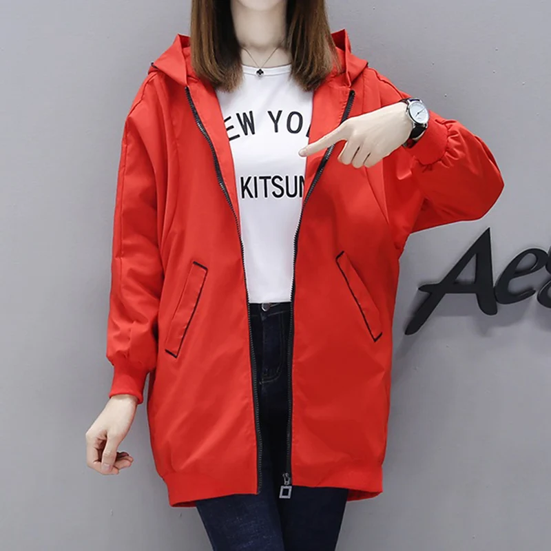 

Female Windbreaker Coat 2020 New Fashion Hooded Long Outerwear Loose Large Size Spring Autumn Women Trench Baseball Uniform Coat