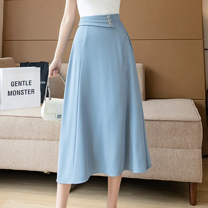 

Summer Silk Midi Skirts Womens Korean England Style Satin Office Lady Simple Solid Elegant Faldas Mujer Moda Long Skirts Womens