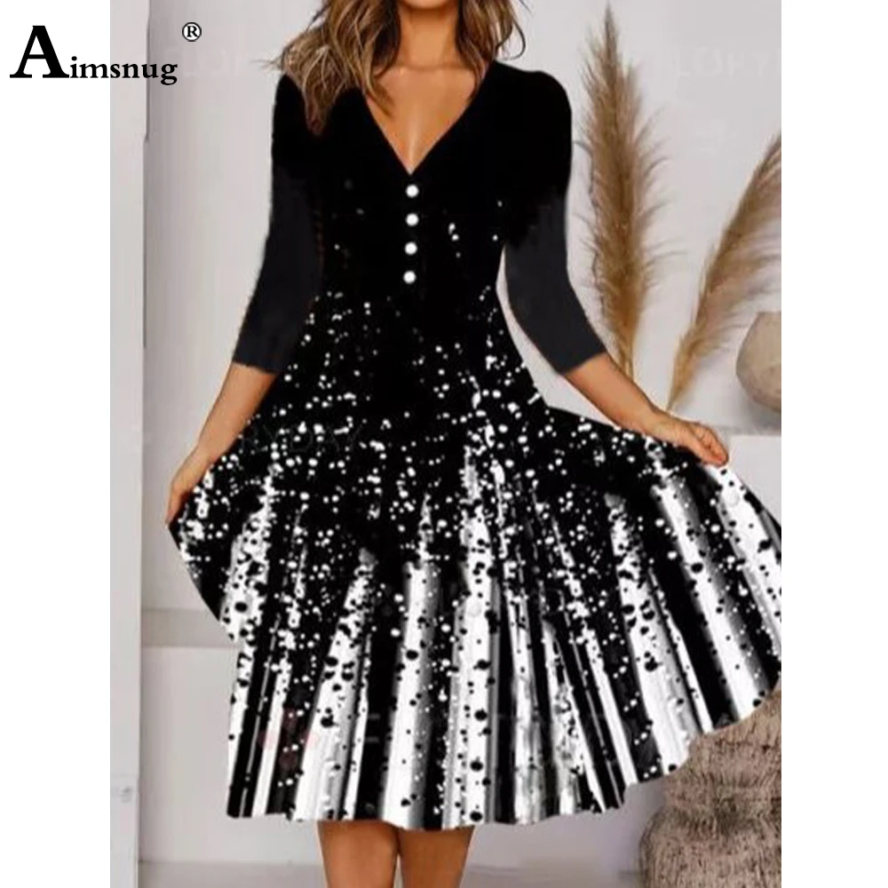 

Women Elegant Fashion Mid-Calf Dress Three Quarter Sleeve Buttons Up Party Dresses 2022 Spring Femme Vintage A-Line Dress