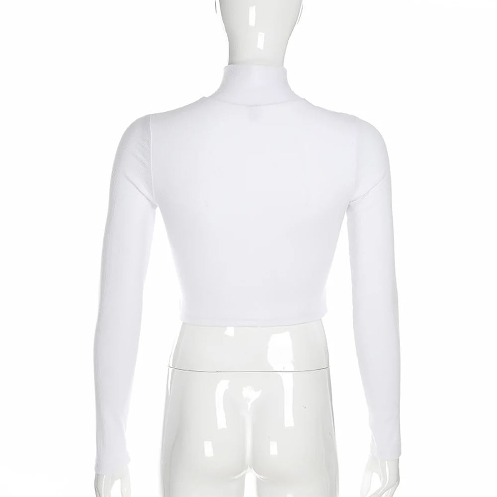 

Hot 2020 White Black Knitted Short Hoodies Women Long Sleeve T Shirt Spring Autumn Zipper Stand Collar Casual Solid Crop Top