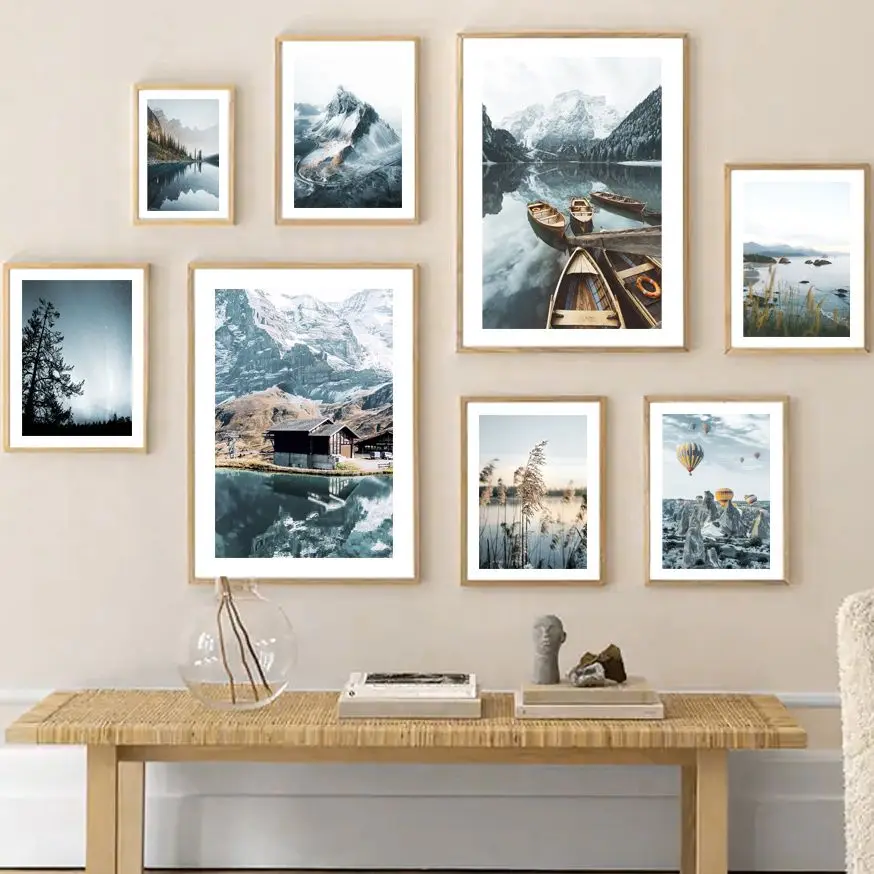 

Nordic Poster Fog Snow Mountain Calm Lake House Boat Reeds Wall Art Print Canvas Painting Wall Pictures For Living Room Decor