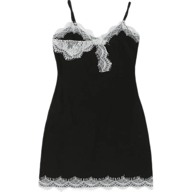 

XUXI 2021 Summer Sleeveless Fashion Suspenders Sexy Dress Women Lace Stitching Temperament Was Thin Slim Fit Hip Skirt E1463