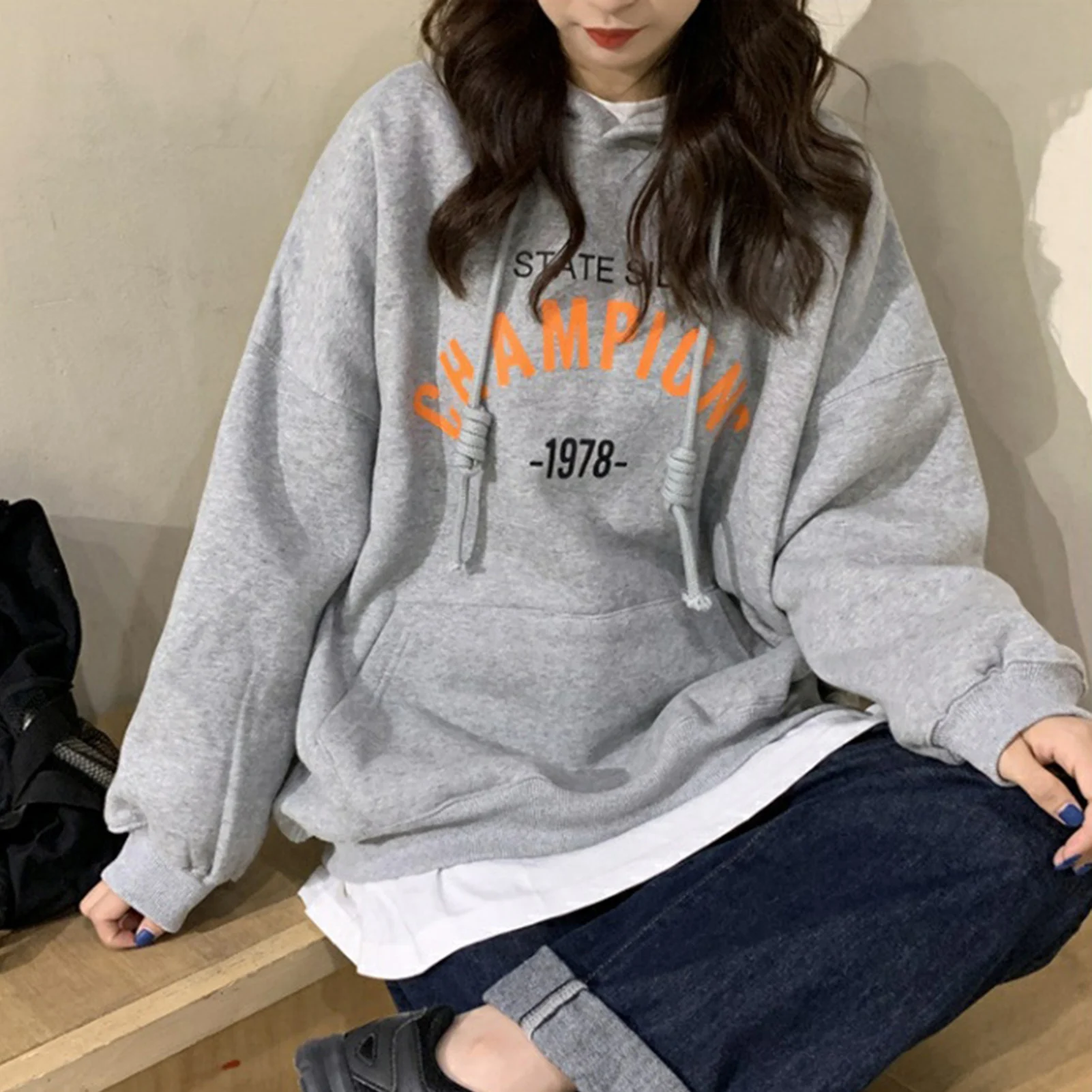 

Women Letters Print Plush Warm Hoodie Sweatshirt Long Sleeve Autumn Pullover