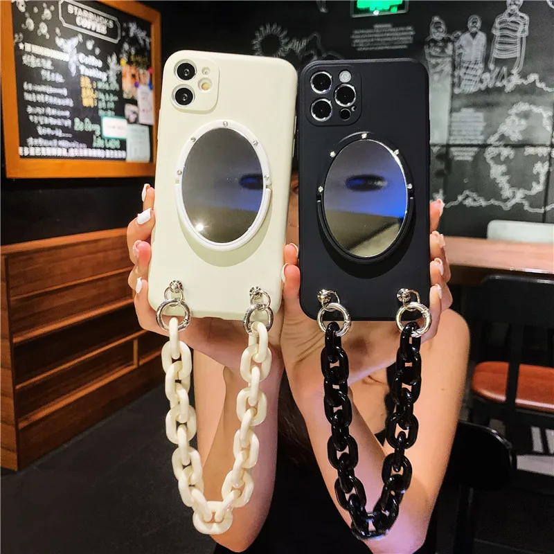 

3D Holder Stand Bracket Mirror White Chain Necklace Case For Xiaomi Mi 11 10 pro 10T LITE 10S 9 8 SE A2 A3 Soft Cover