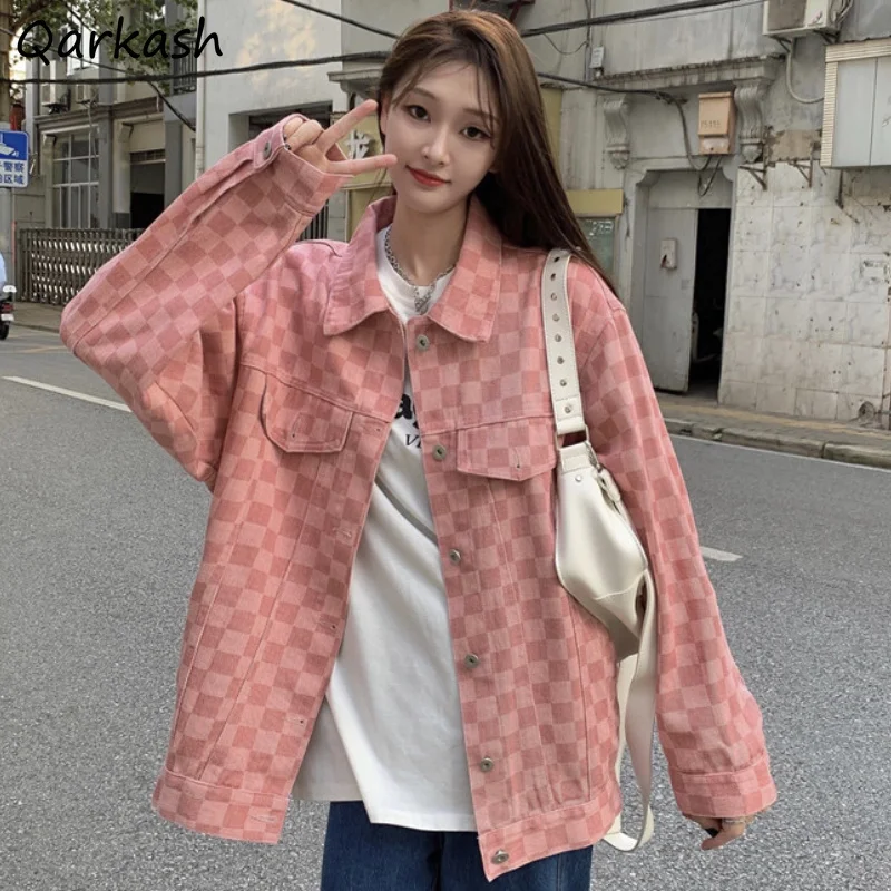 Женская клетчатая куртка Ulzzang милые весенне-осенние пальто в стиле ретро с