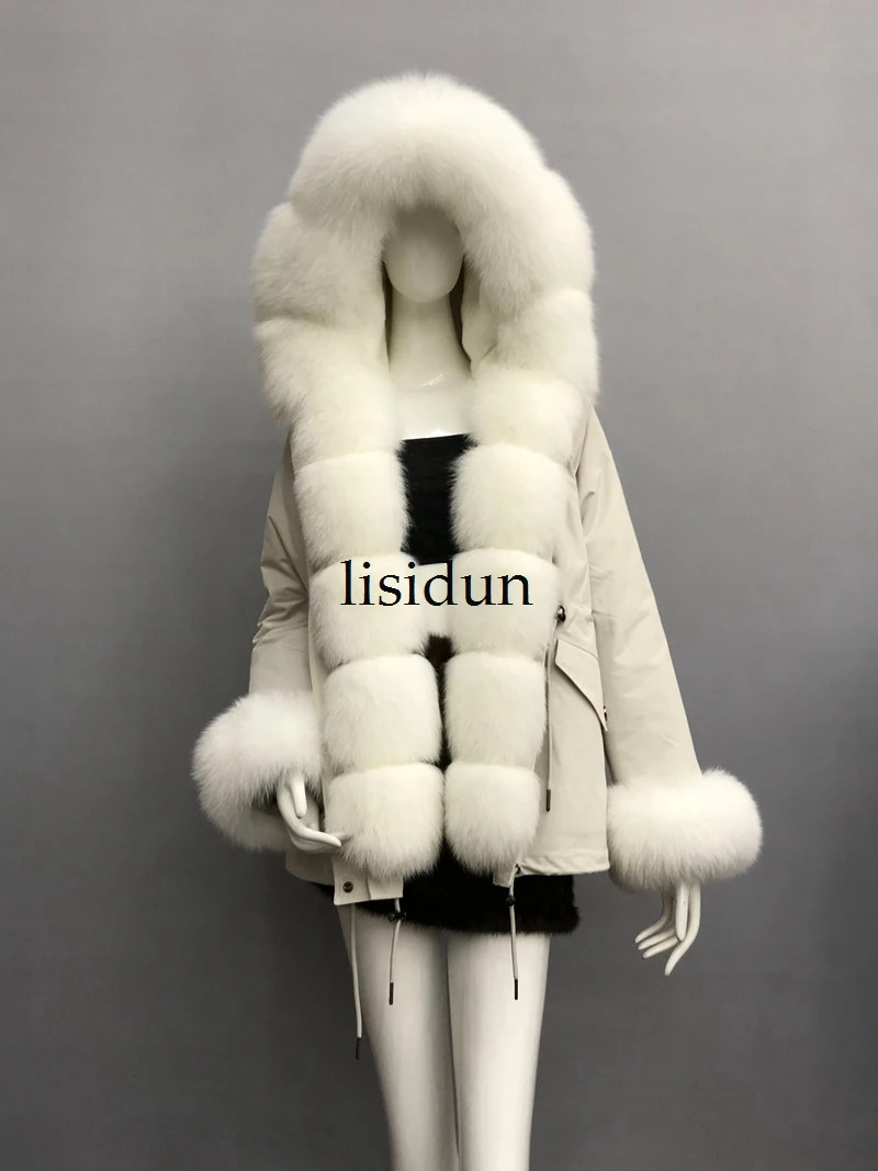LISIDUN настоящая меховая Парка женская зимняя куртка натуральный Серебряный лисий мех пальто с капюшоном настоящая подкладка из кроличьего меха куртка женская шуба