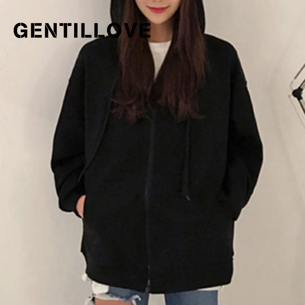 

Gentillove Female Harajuku Pop Solid Zipper Up Hoodies Boyfriend Style Loose Coat Autumn Oversized Outwear 2021 Fashion Jackets