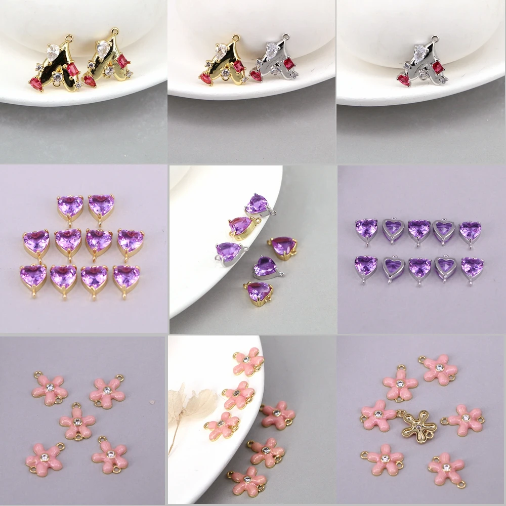 

10PCS, Pink Red CZ Enamel Flower Pendant Connector Heart Shape Purple Crystal Beads Pendant for Jewelry Making DIY Bracelet