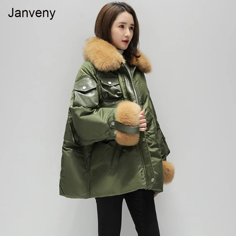 

Janveny Luxury Women 90% White Duck Down Jacket With Natural Fox Fur Collar Cuff Loose Winter Feather Down Coat Snow Outerwear