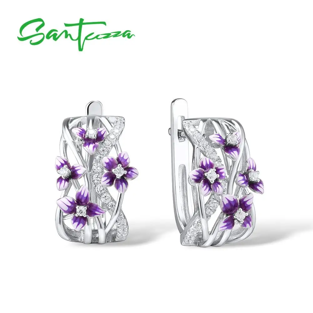 Женские серебряные сережки SANTUZZA из серебра 925 пробы с фиолетовыми цветами эмали
