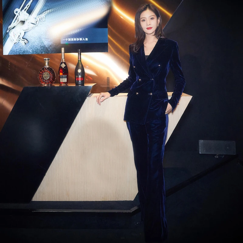 Женский бархатный костюм из двух предметов элегантный деловой темно-синего