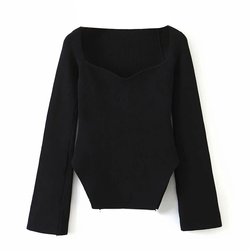 

Women Irregular Hem Flare Long Sleeve Stylish Knitted Sweaters Lady Square Neck Sexy Tops Chic Solid Pullover Sweater