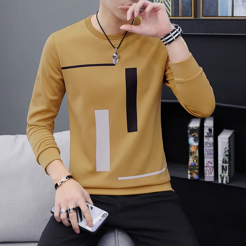 

Autumn New Spring andmen's printed long-sleeved T-shirt teen round neck bottom top fashion casual men's clothing
