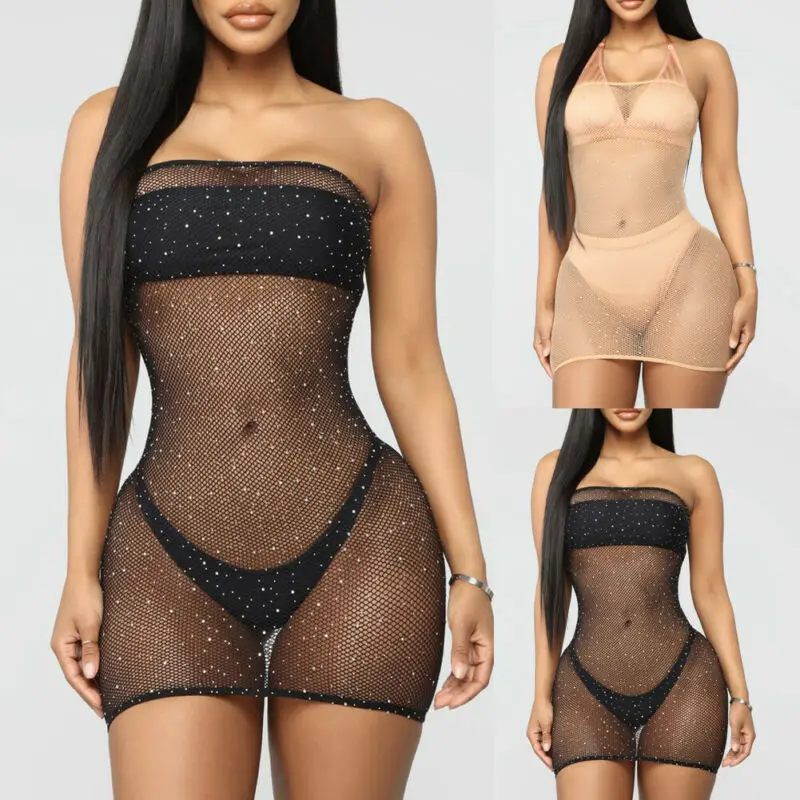 Sexy Women Lace Fishnet Glitter Sequins Shiny Mesh Sheer See-through Hollow Out Dress Bikini Cover Up Beach Mini Beachwear | Женская
