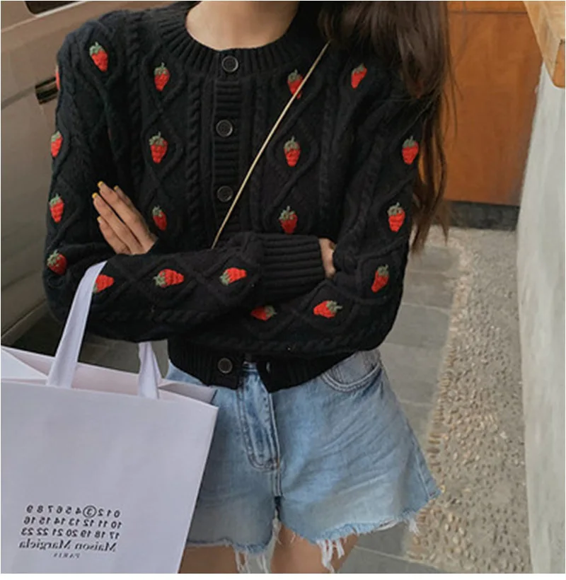 

Женский свитер с клубникой, свободная одежда, короткий свитер, топ, новинка весны 2021, тонкий белый кардиган, пальто