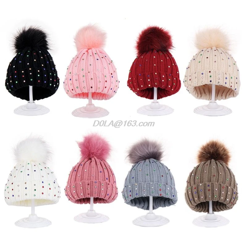 

Baby Beanies Hats Children Knitted Hairball Rhinestone Winter Cap For Girls Boys Keep Warm Kids Hat 0-3 Years