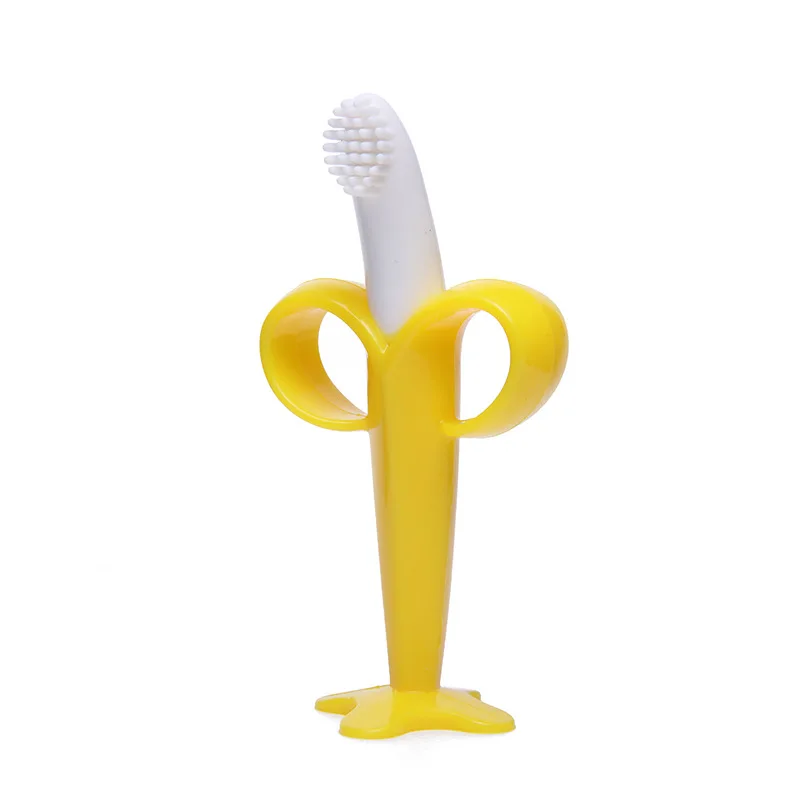 Cepillo de dientes de entrenamiento de silicona para beb&eacute;, mordedor seguro con forma de pl&aacute;tano, sin BPA, anillo de dentici&oacute;n, regalo para beb&eacute;-0