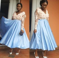 plus size light blue african prom dresses with flowers modest long sleeve lace evening dress a line women short party dresses
