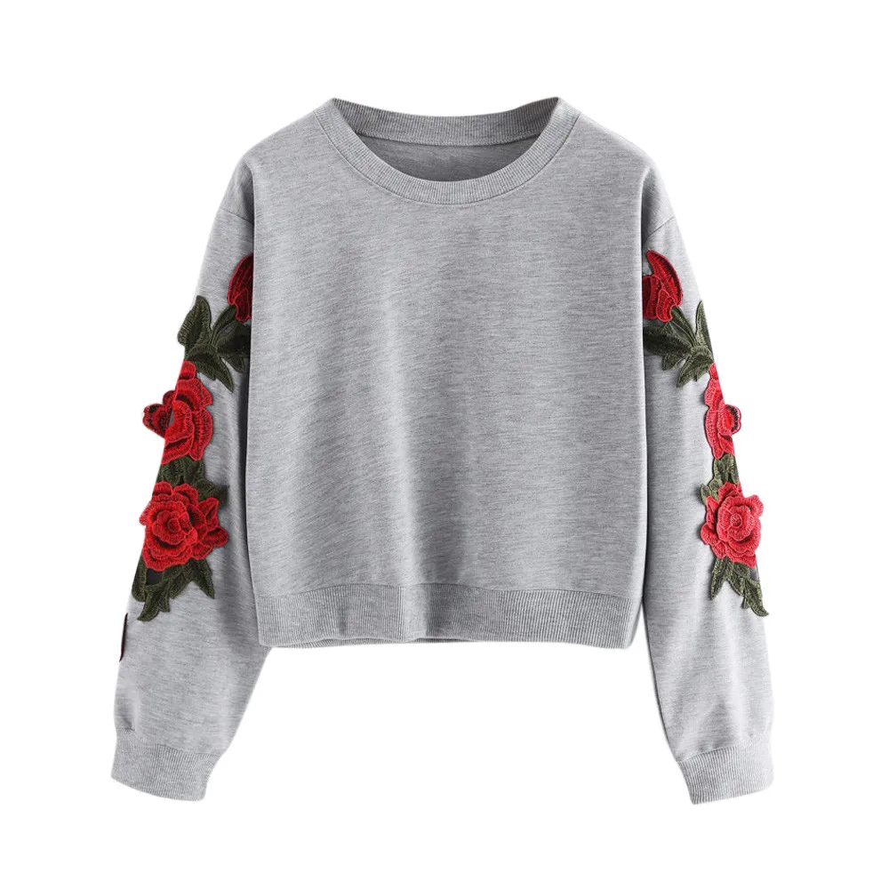 Женская толстовка с длинными рукавами и вышитой розой пуловер аппликацией