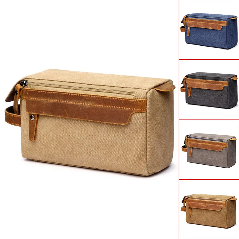 

Cosmetic Bag for Men Travel Toiletry Bag Canvas Leather Makeup Shaving Storage Pouch with Side Handle Grip Bag