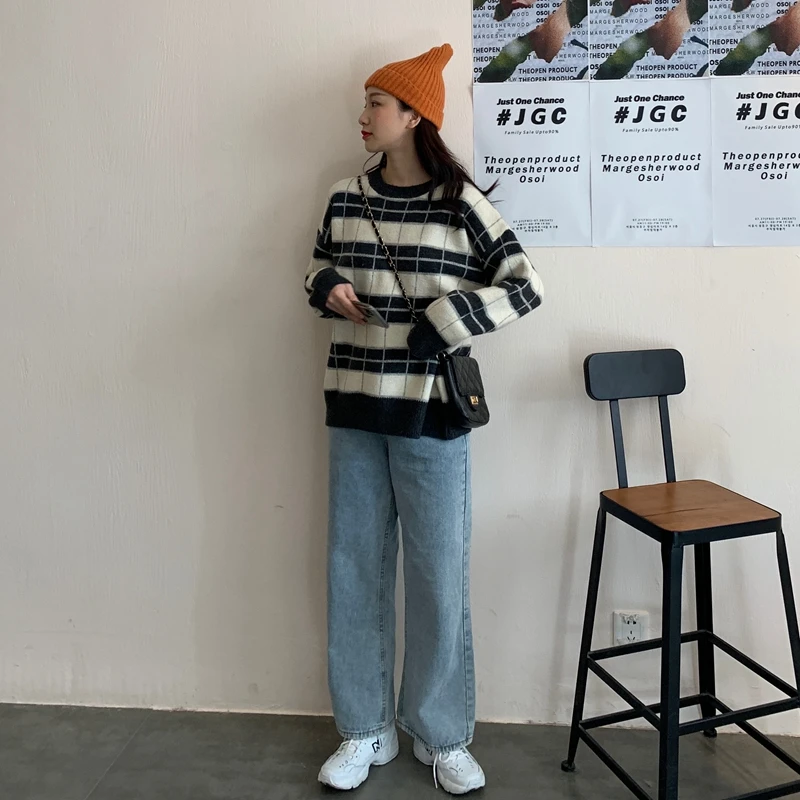 

Pullover Plaid Striped Sweater Women Autumn Winter Long Sleeve Knitted Loose Sweater Plus Size