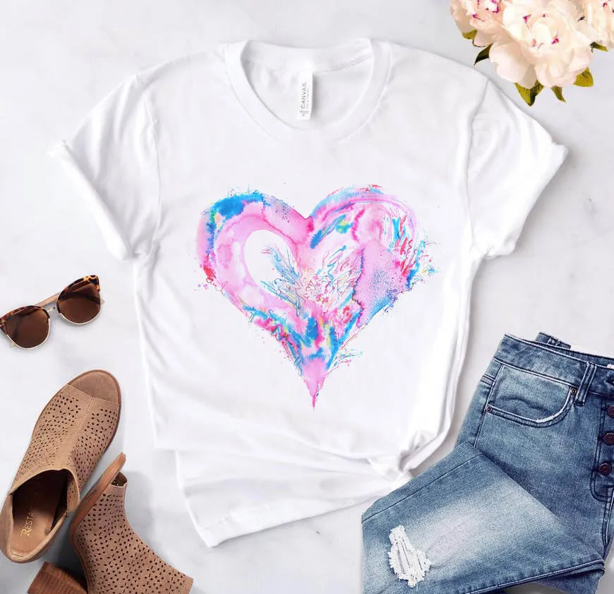 

Heart flower print ladies T-shirt ladies casual basis O-collar white shirt short sleeve ladies T-shirt love graphic printing