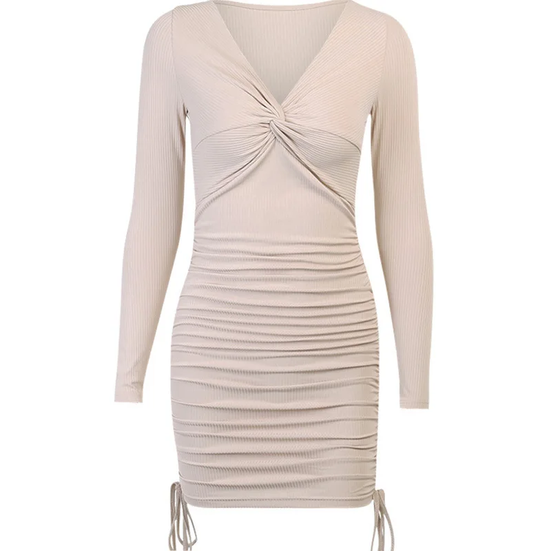 

2021 New Arrivals Women's Slim Dress Long Sleeve Solid Mini Dress V-Neck Sheath Ladies Dress Vestido Vestido Midi Elegante