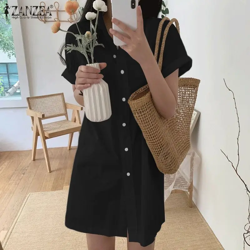 

ZANZEA Women Summer Stylish 2021 Solid Shirt Dress Female Button Robe Street Faldas Saias Sundress Short Sleeve Casual Vestidos