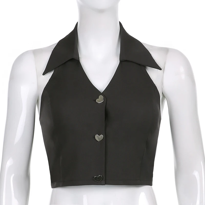 

Waatfaak Patchwork Hollow Out Camisole Sleeveless Crop Top Backless Turn-down Collar Bandage Tops Sexy Nightclub Woman Summer